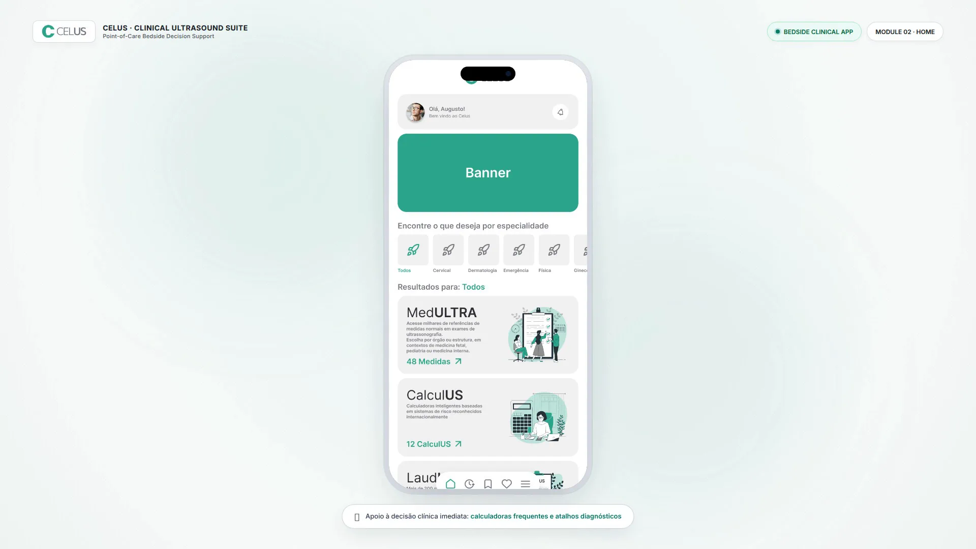 Celus clinical ultrasound suite overview: clinician mobile app, fetal biometry reference tables, ACR TI-RADS risk calculator, standardized reports, and admin CMS.