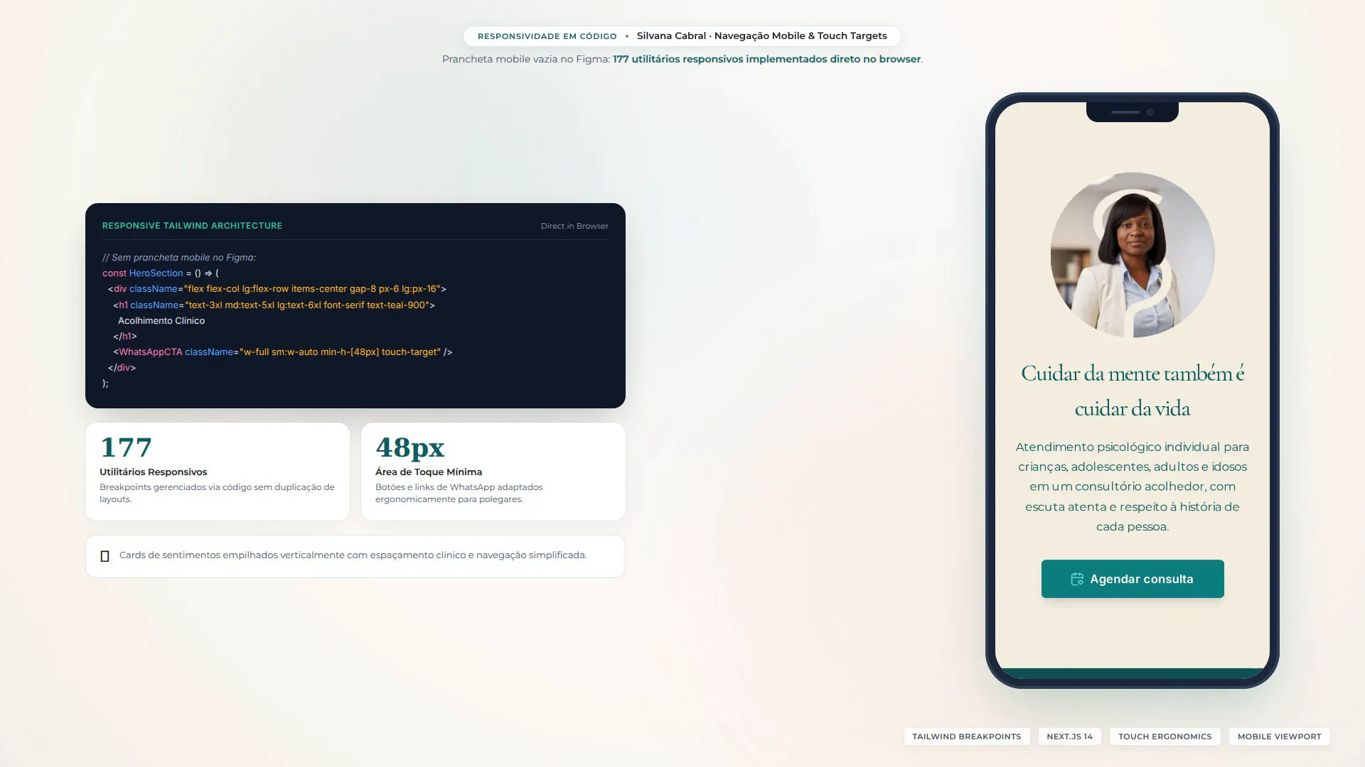 The responsive mobile experience at 375px width, highlighting 48px touch targets, mobile navigation, and Tailwind responsive layout utilities.