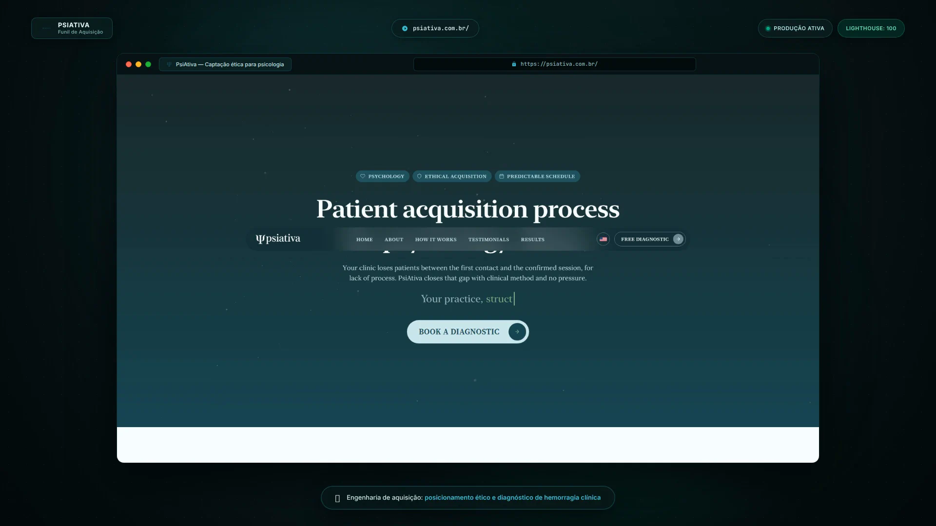 Full marketing site and acquisition funnel showcase for PsiAtiva, touring hero value proposition, 5-point clinical diagnostic quiz, lost-revenue ROI calculator, and automated WhatsApp handoff.