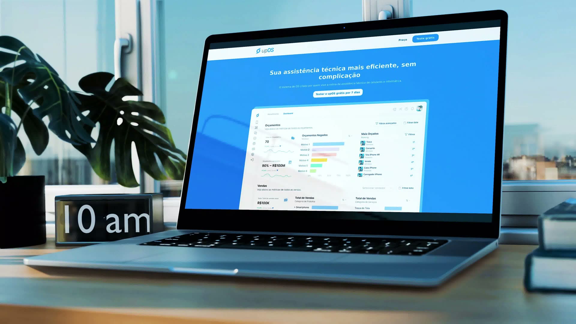 upOS field-service operations marketing site, with the product dashboard in the hero
